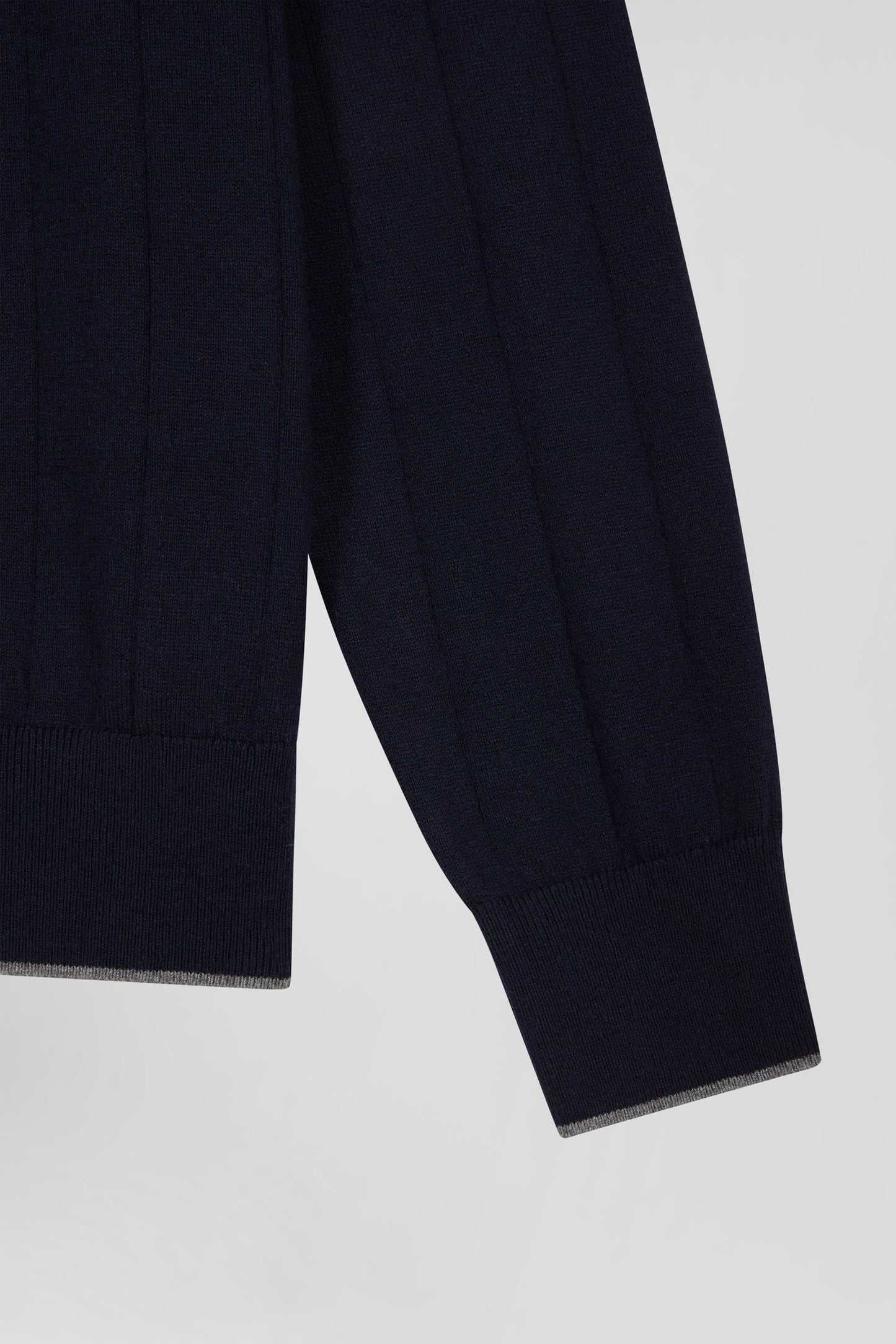 Regular navy blue cotton and cashmere zipped cardigan with vertical stripes