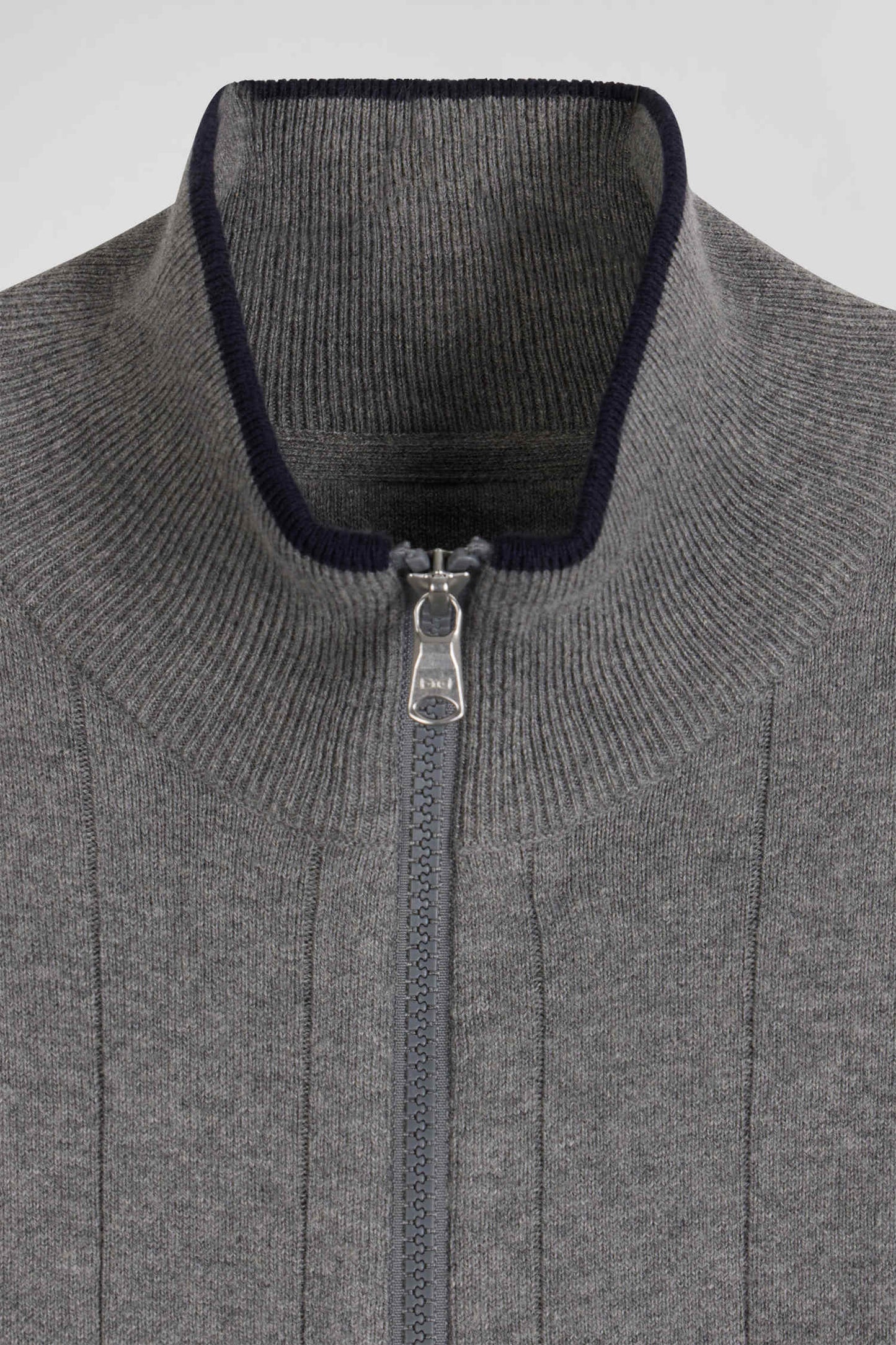 Regular grey cotton and cashmere zipped cardigan with vertical stripes