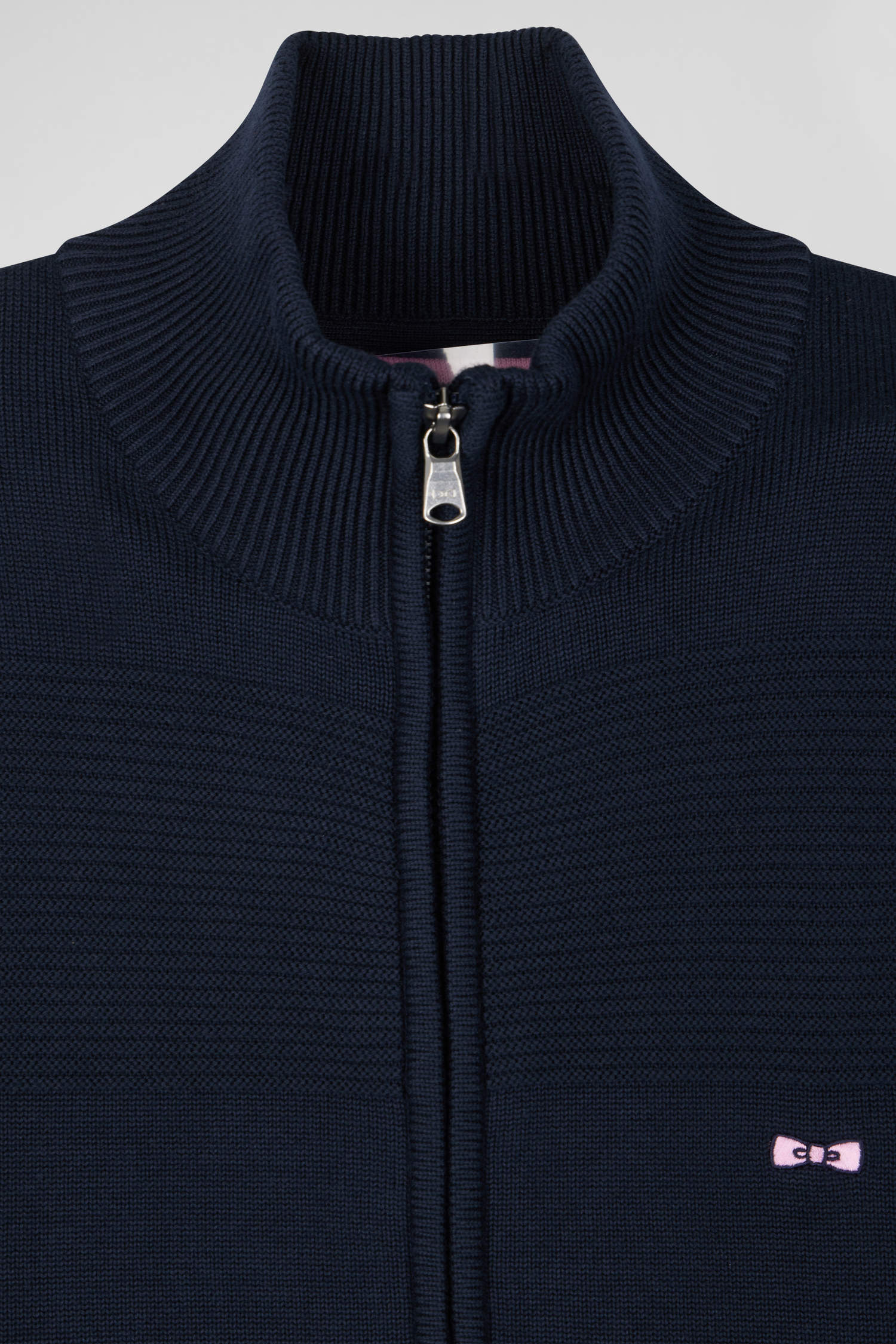 Regular navy blue plain cotton zipped cardigan with knit patterns