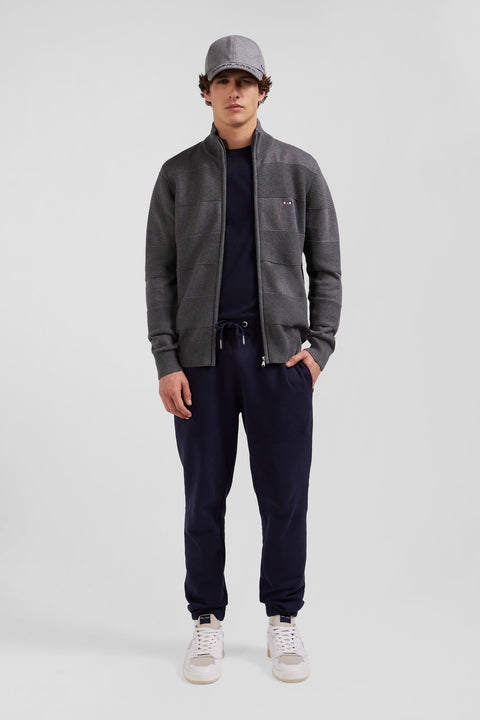 Regular grey plain cotton zipped cardigan with knit patterns - Image 1