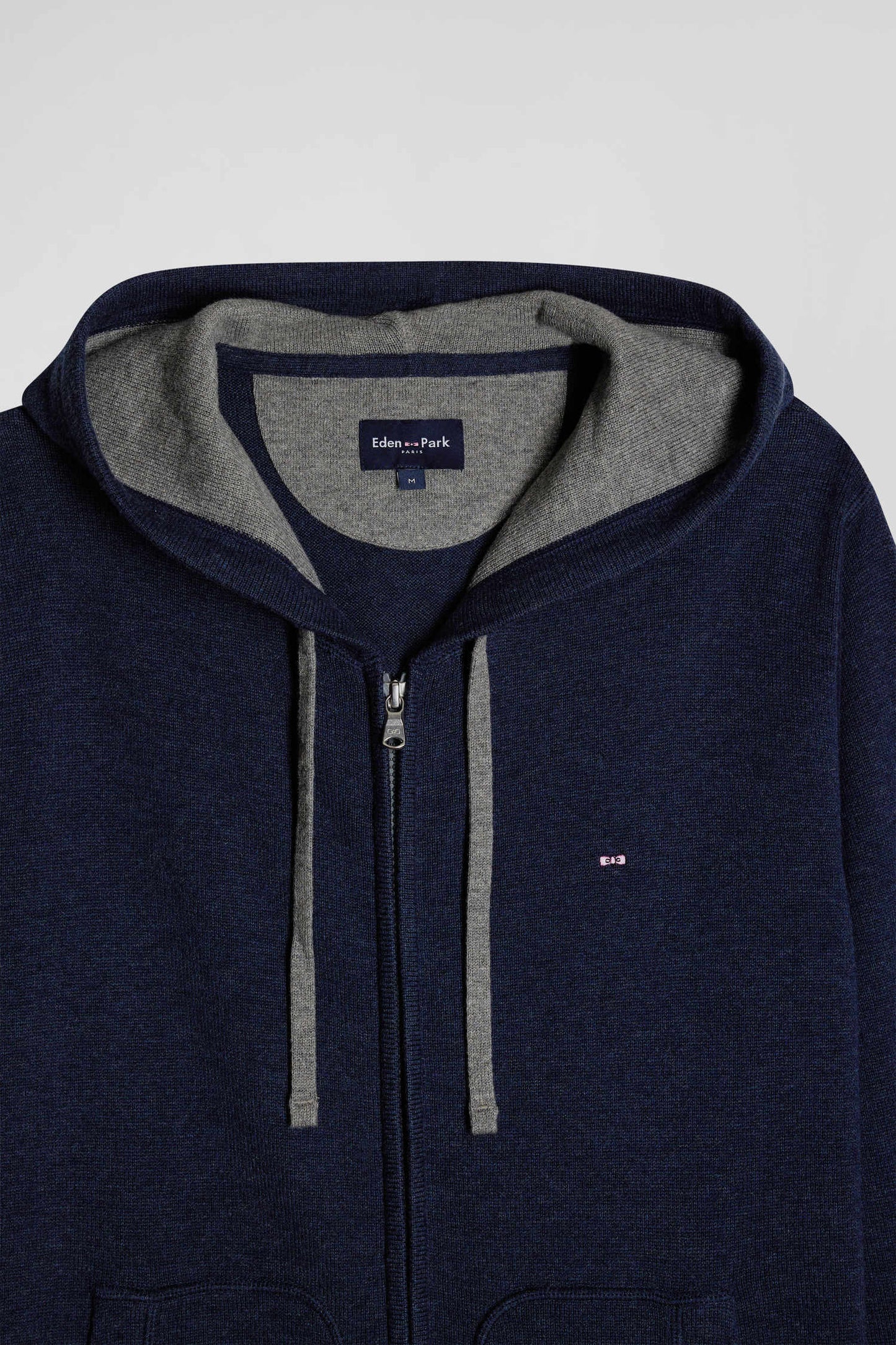 Regular navy blue wool and cotton knitted zip-up jumper