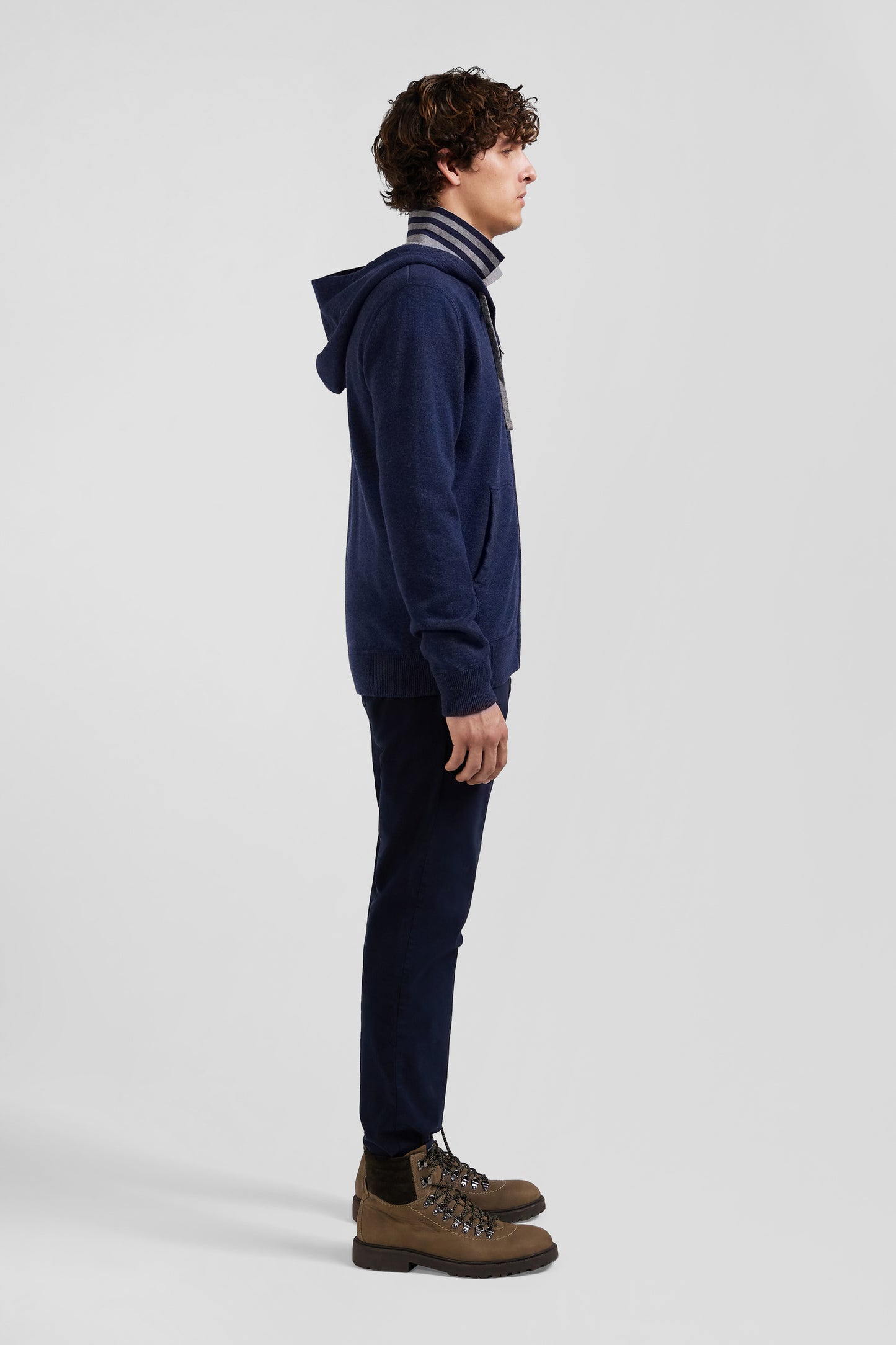 Regular navy blue wool and cotton knitted zip-up jumper