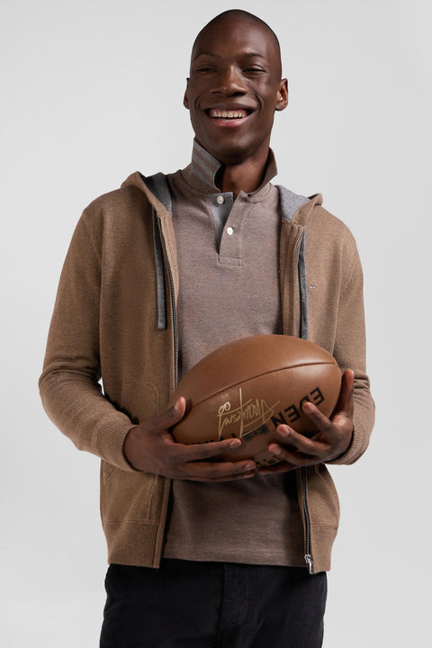 Regular brown wool and cotton knitted zip-up jumper - Image 1