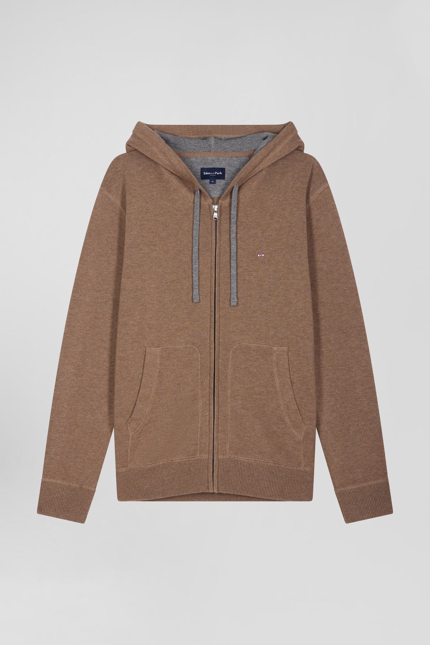 Regular brown wool and cotton knitted zip-up jumper