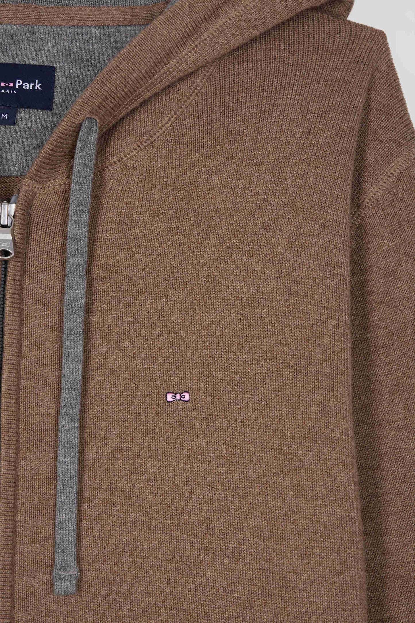 Regular brown wool and cotton knitted zip-up jumper