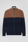 Navy and hazelnut cotton cardigan with zip and stand-up collar