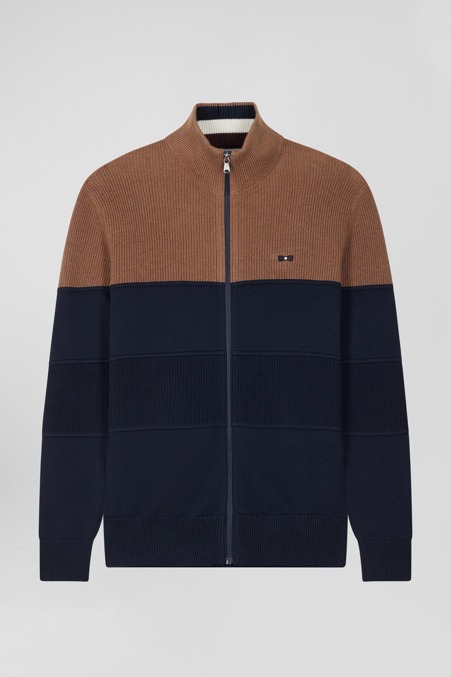 Regular navy blue and camel cotton high collar zipped cardigan