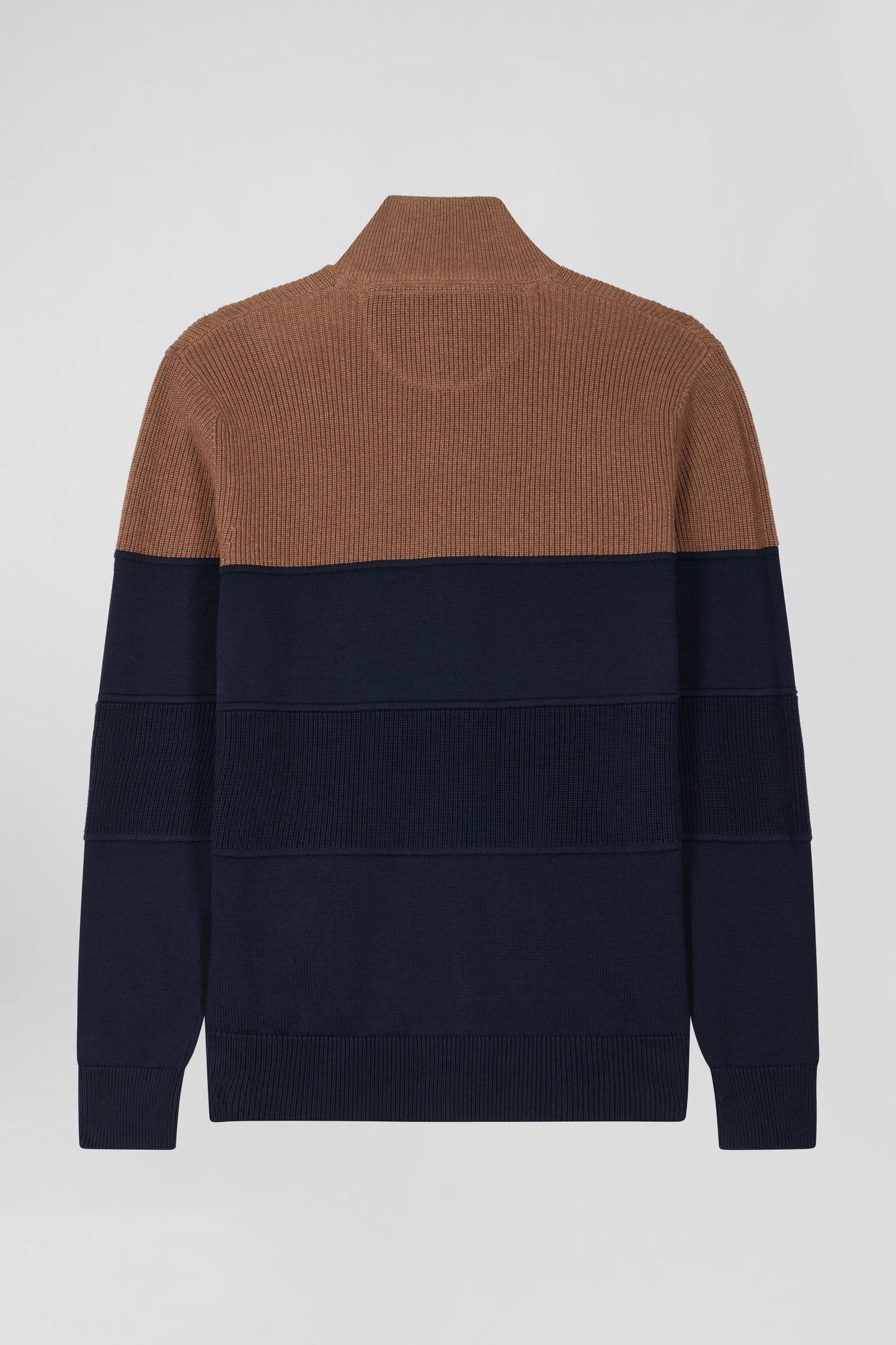 Navy and hazelnut cotton cardigan with zip and stand-up collar