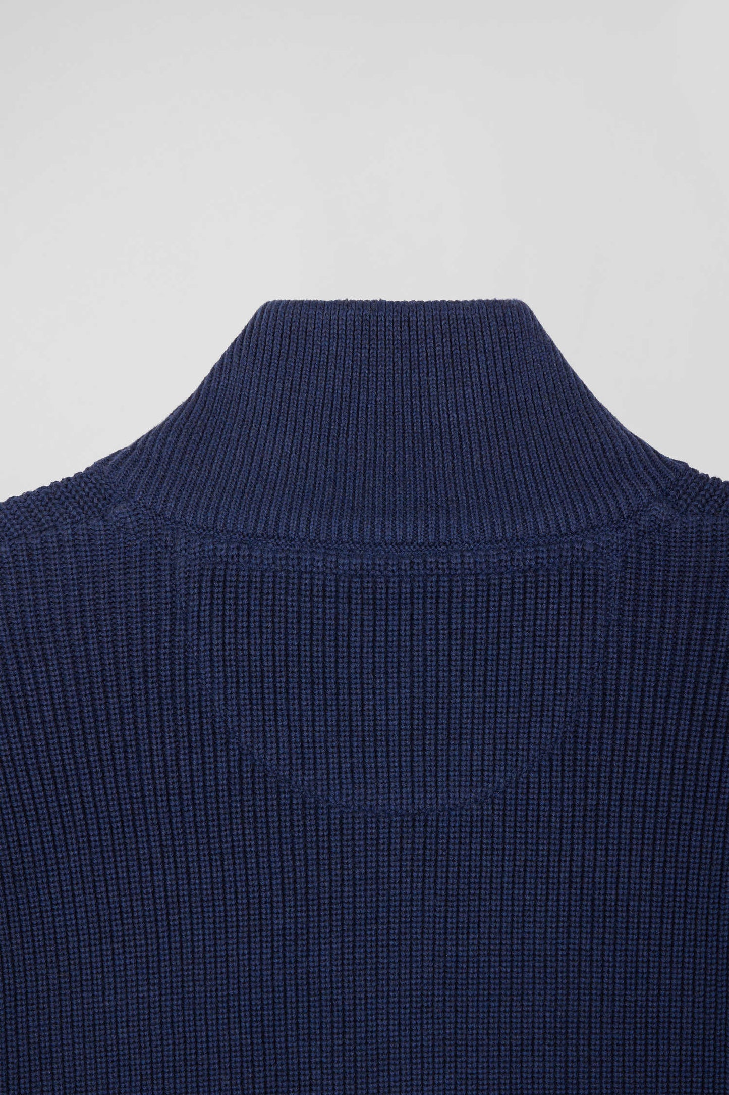 Regular navy blue and blue cotton high collar zipped cardigan