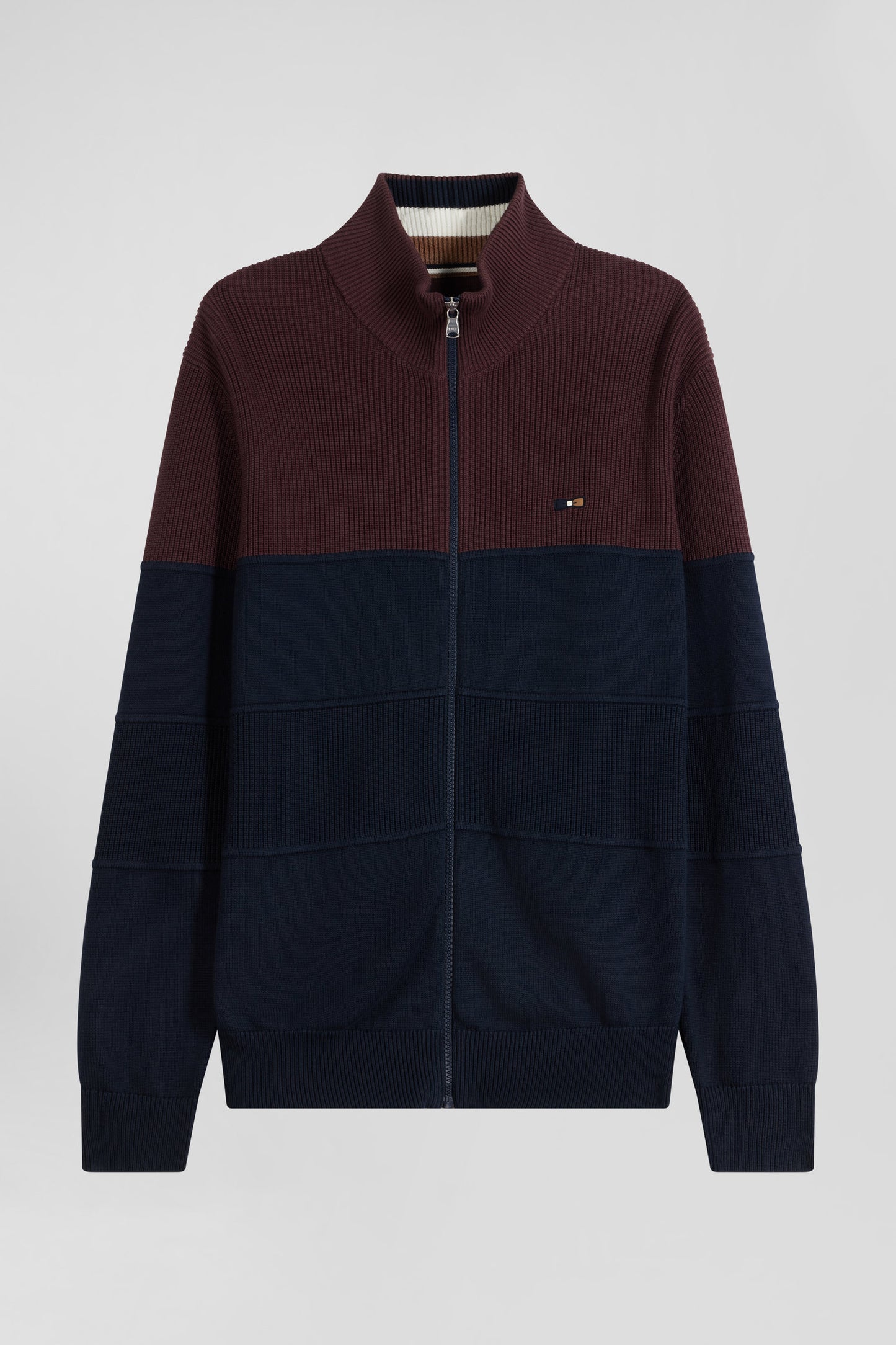 Regular navy blue and burgundy cotton high collar zipped cardigan