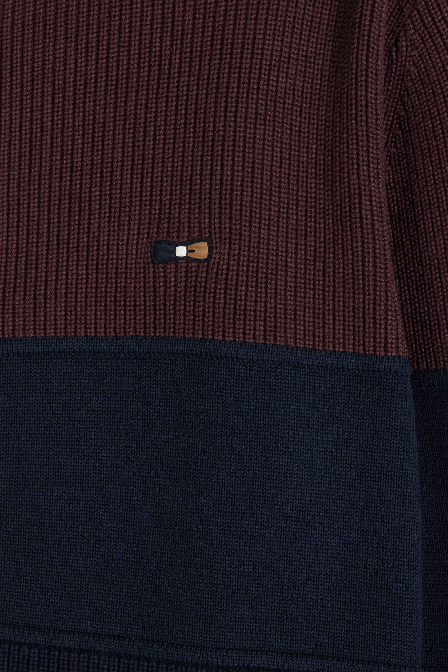 Regular navy blue and burgundy cotton high collar zipped cardigan