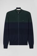 Regular navy blue and green cotton high collar zipped cardigan