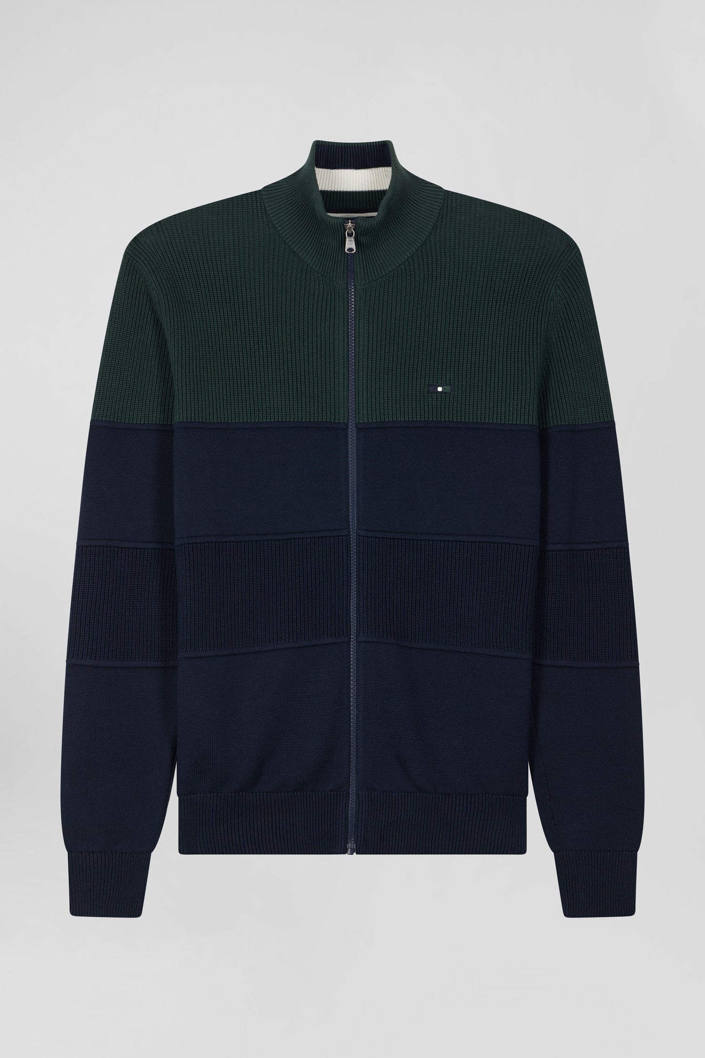 Regular navy blue and green cotton high collar zipped cardigan