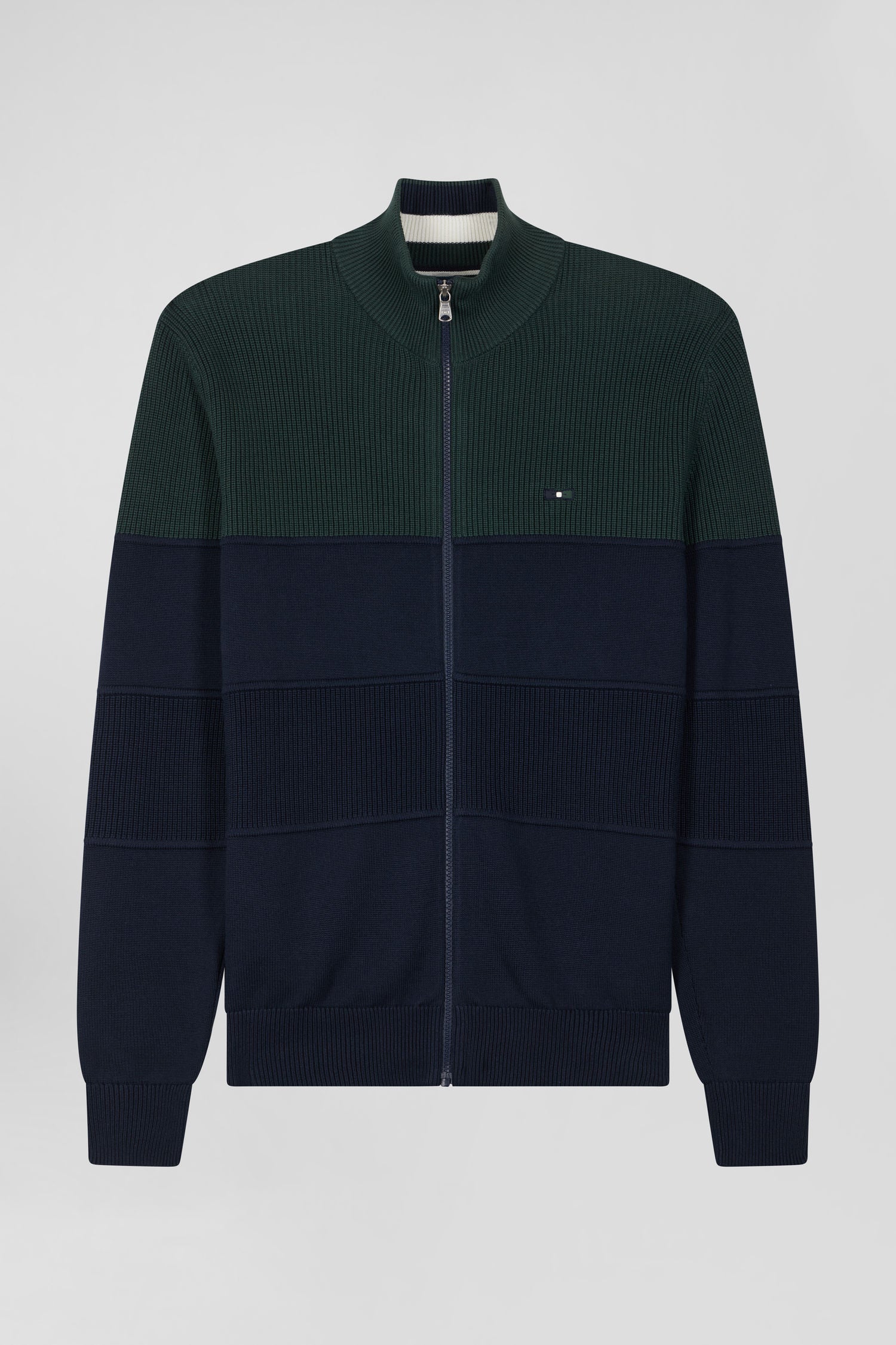 Regular navy blue and green cotton high collar zipped cardigan