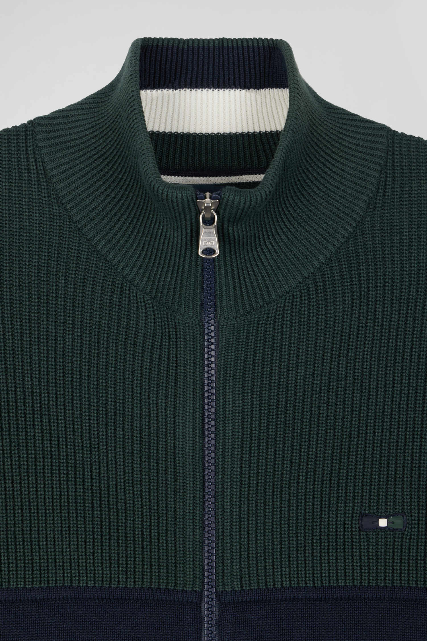 Regular navy blue and green cotton high collar zipped cardigan