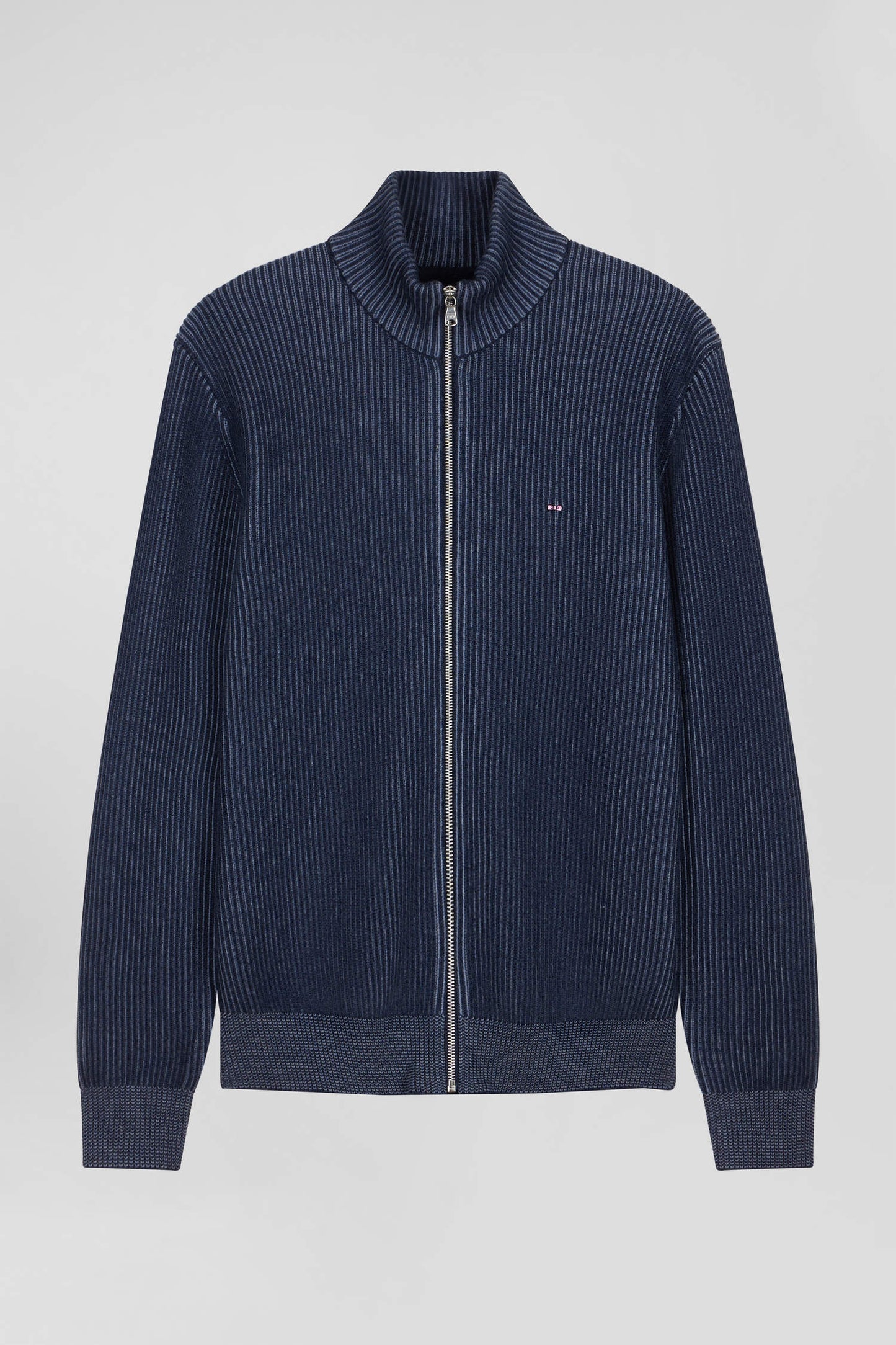 Regular navy blue wool and cotton zipped cardigan