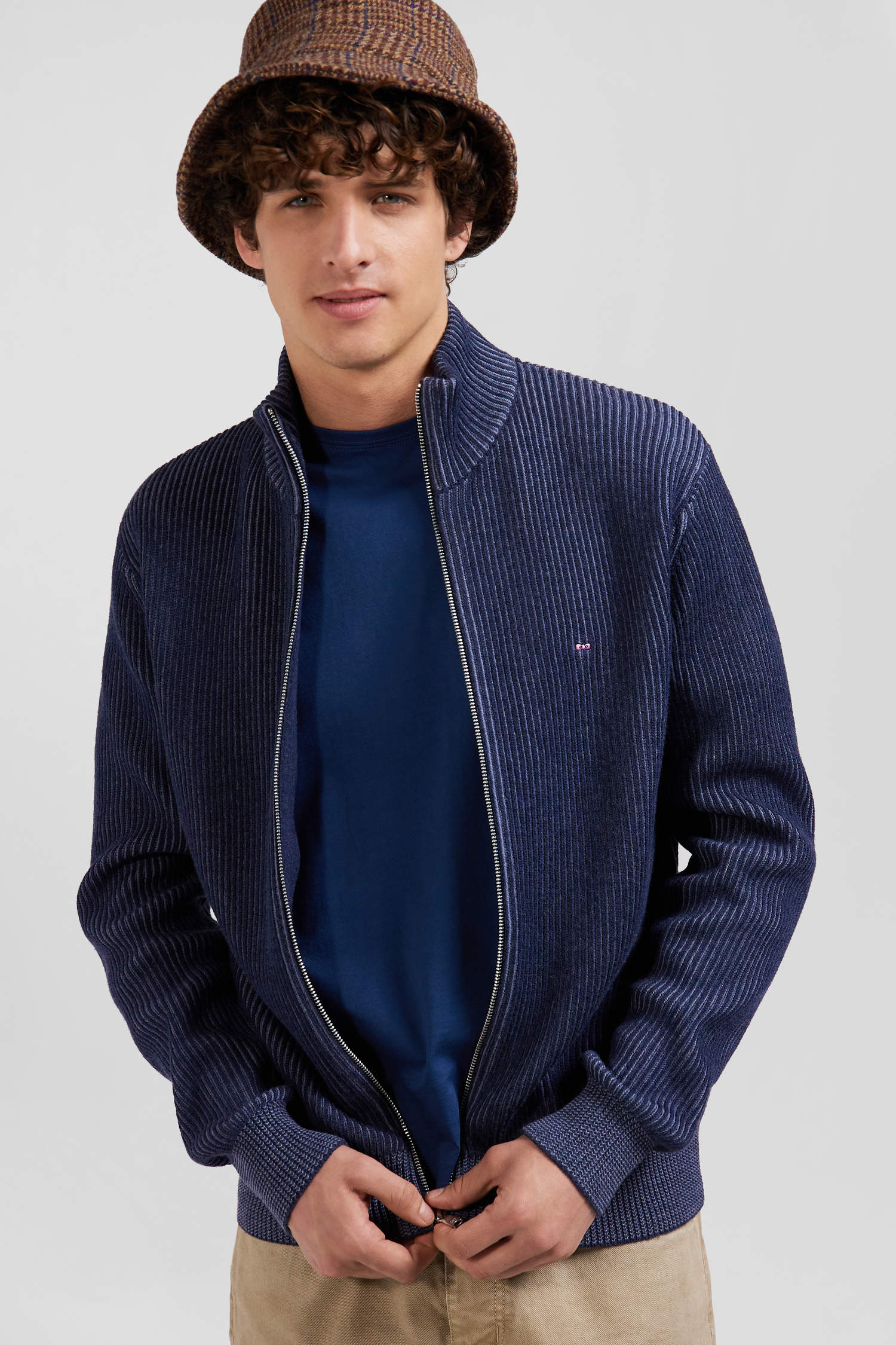 Regular navy blue wool and cotton zipped cardigan