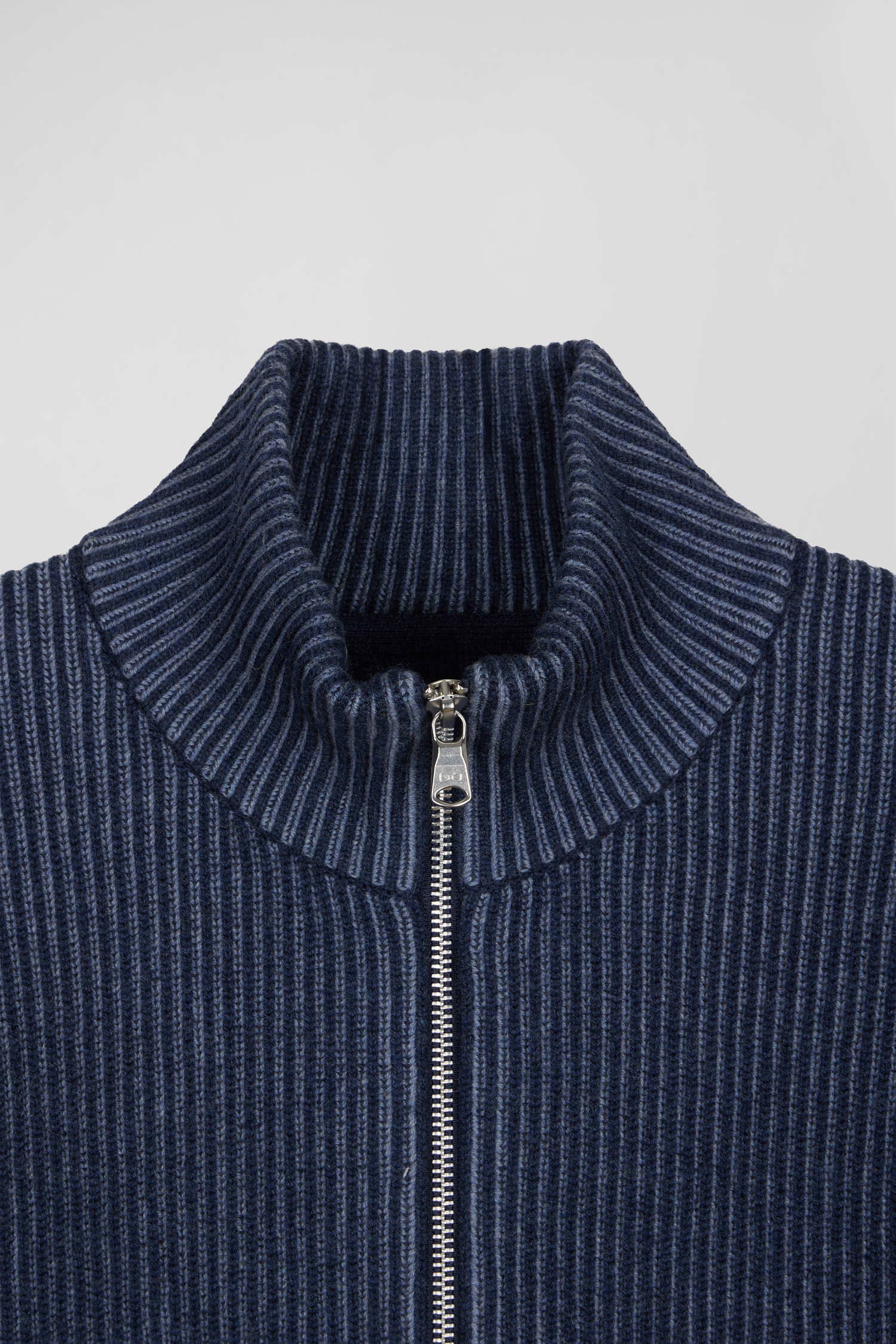 Regular navy blue wool and cotton zipped cardigan