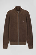 Regular brown wool and cotton zipped cardigan