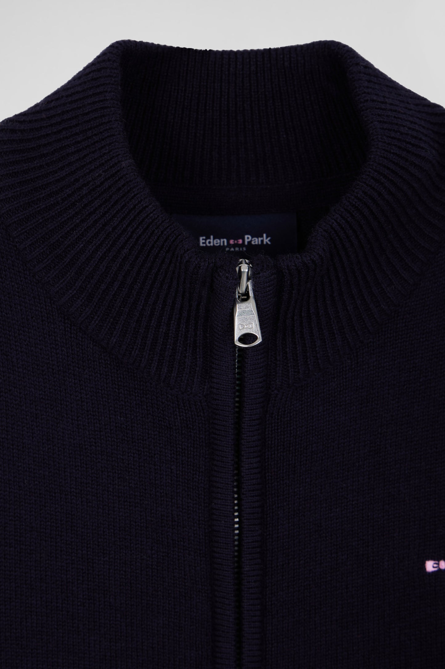 Regular navy blue wool and cotton high collar zipped cardigan