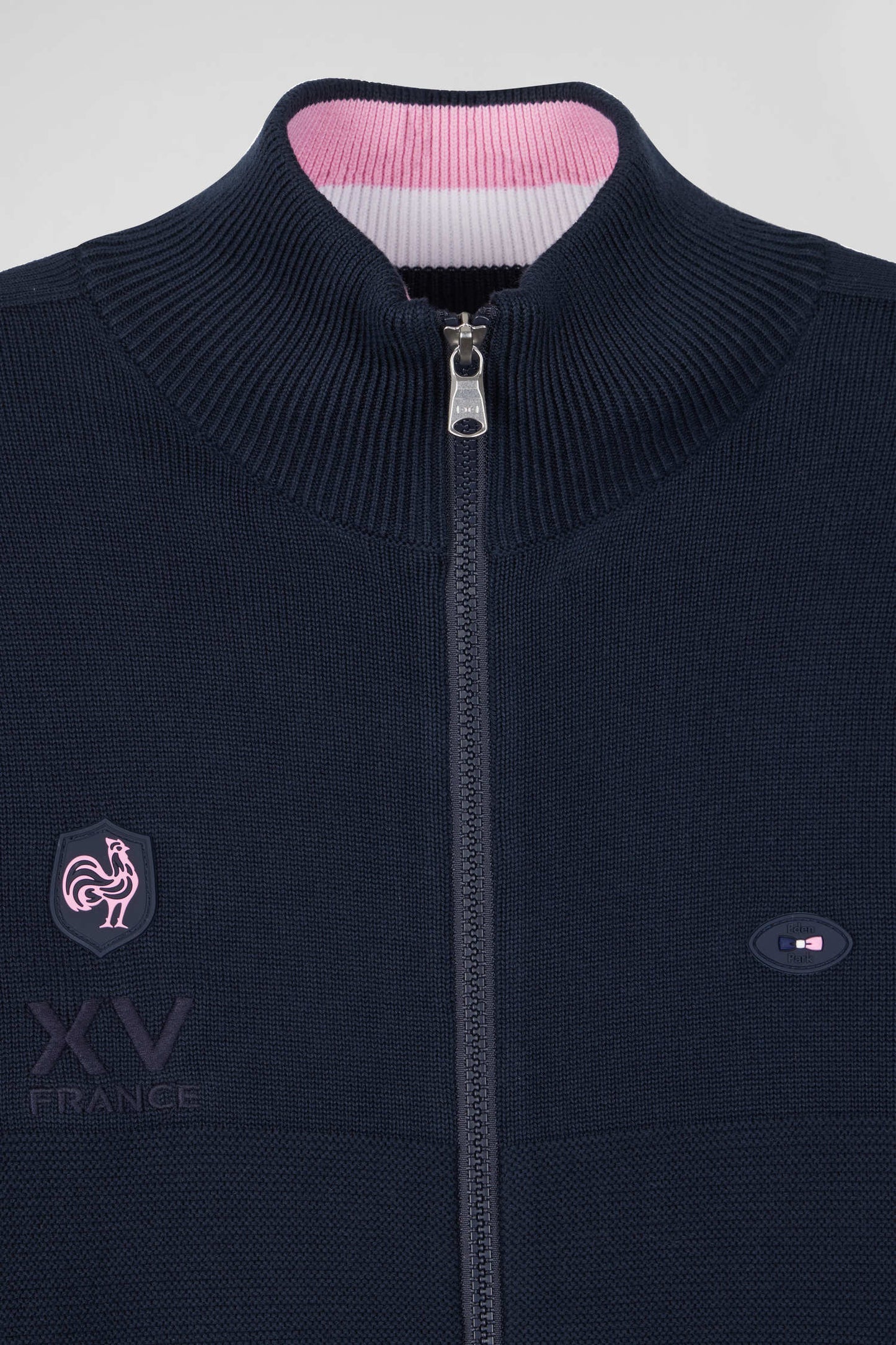Regular navy blue cotton zipped cardigan with XV de France rubber badge and tricolour details