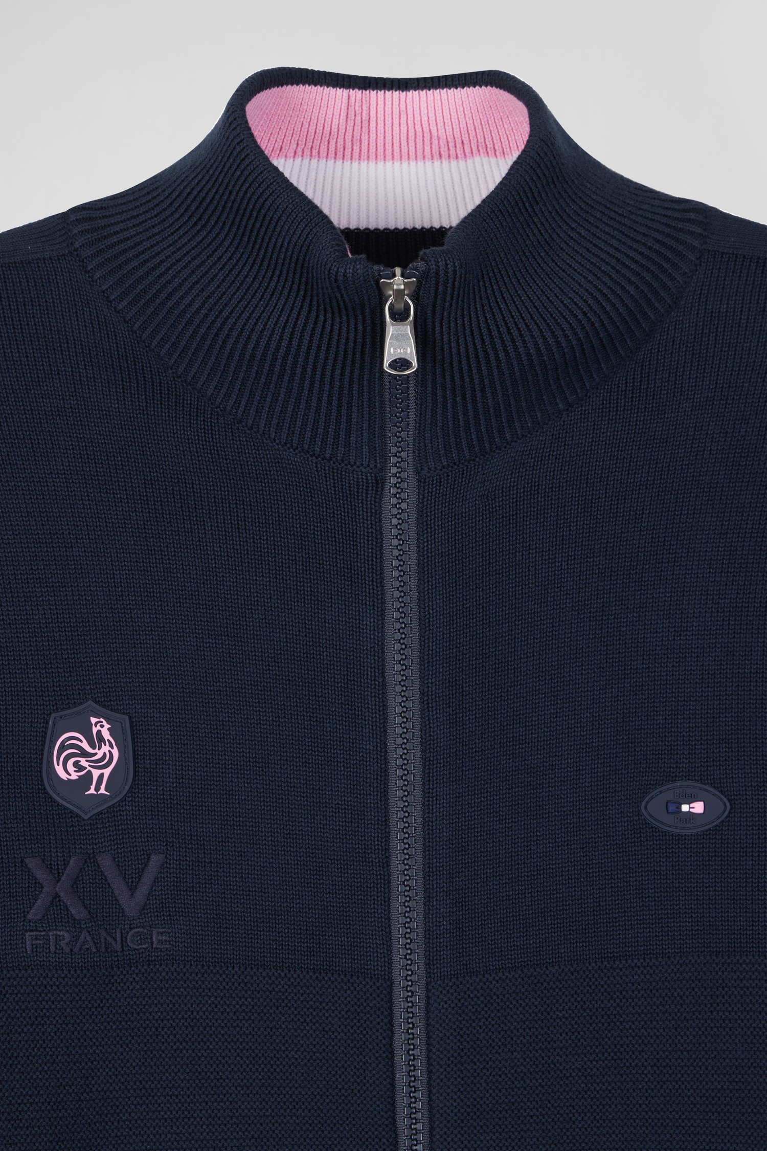 Regular navy blue cotton zipped cardigan with XV de France rubber badge and tricolour details