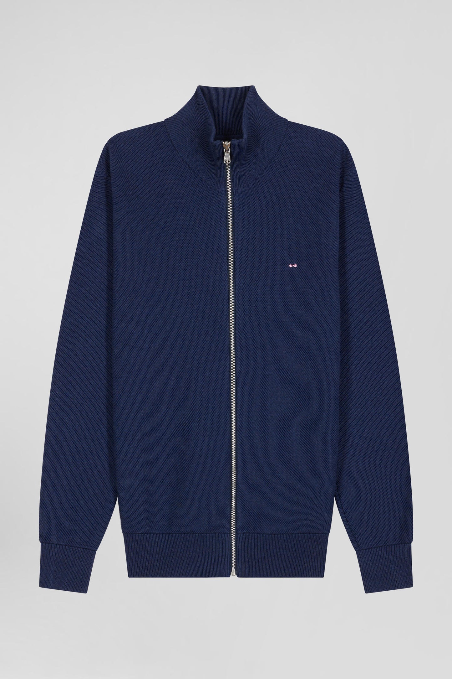 Regular plain navy blue cotton high collar zipped cardigan