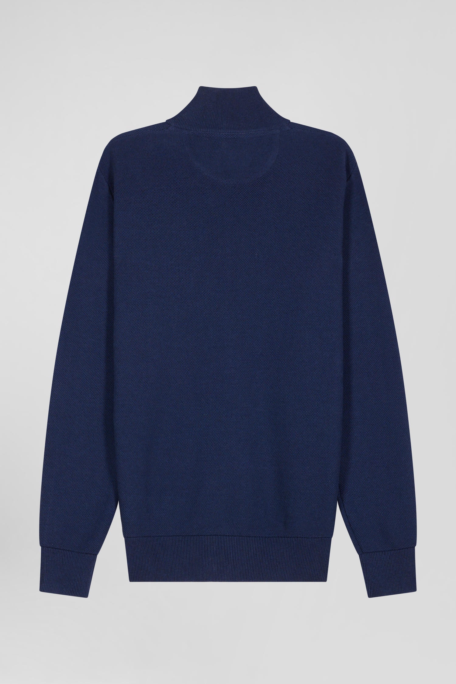 Regular plain navy blue cotton high collar zipped cardigan