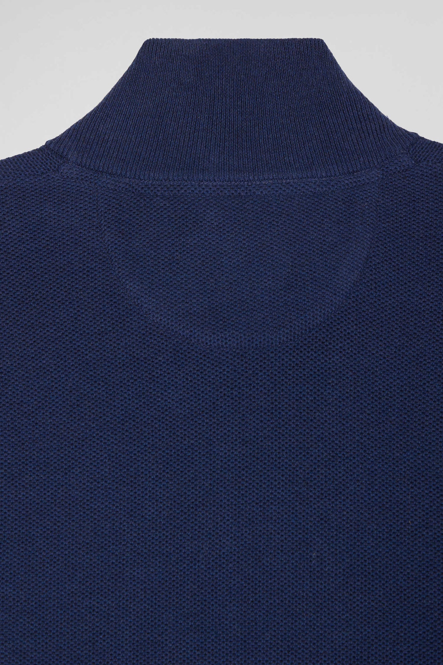 Regular plain navy blue cotton high collar zipped cardigan