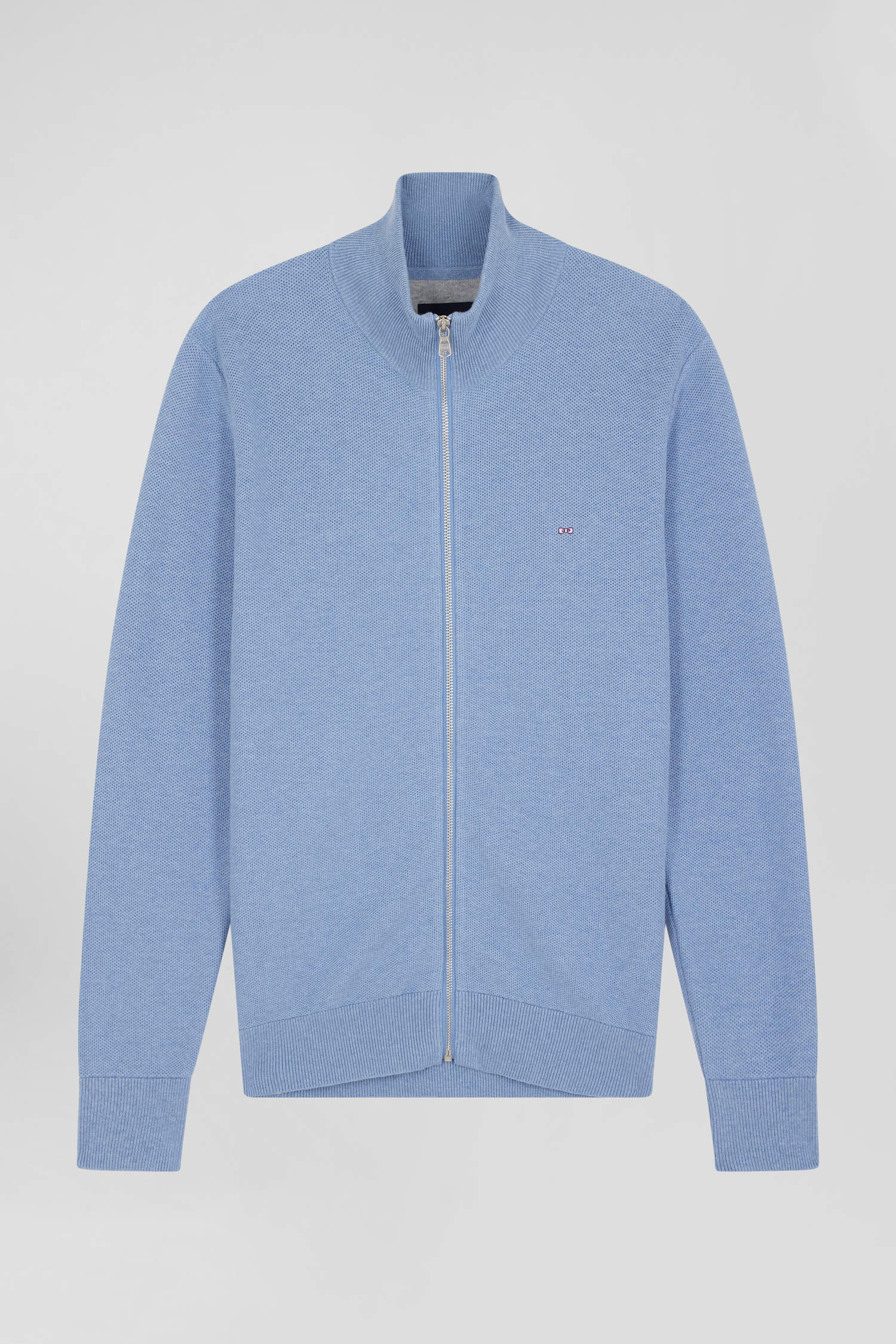 Regular plain sky blue cotton high collar zipped cardigan