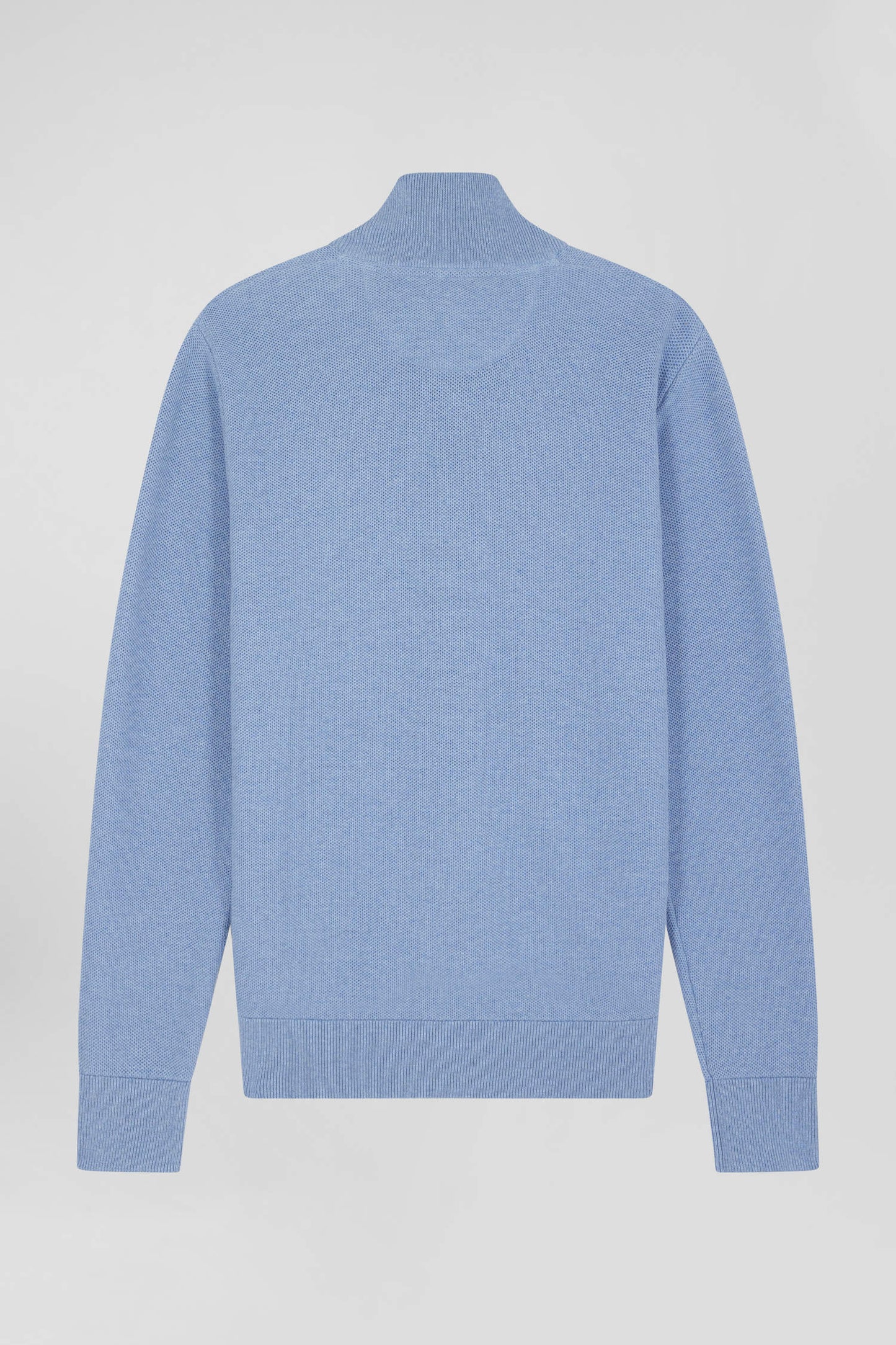 Regular plain sky blue cotton high collar zipped cardigan