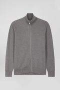 Regular plain mottled grey cotton high collar zipped cardigan