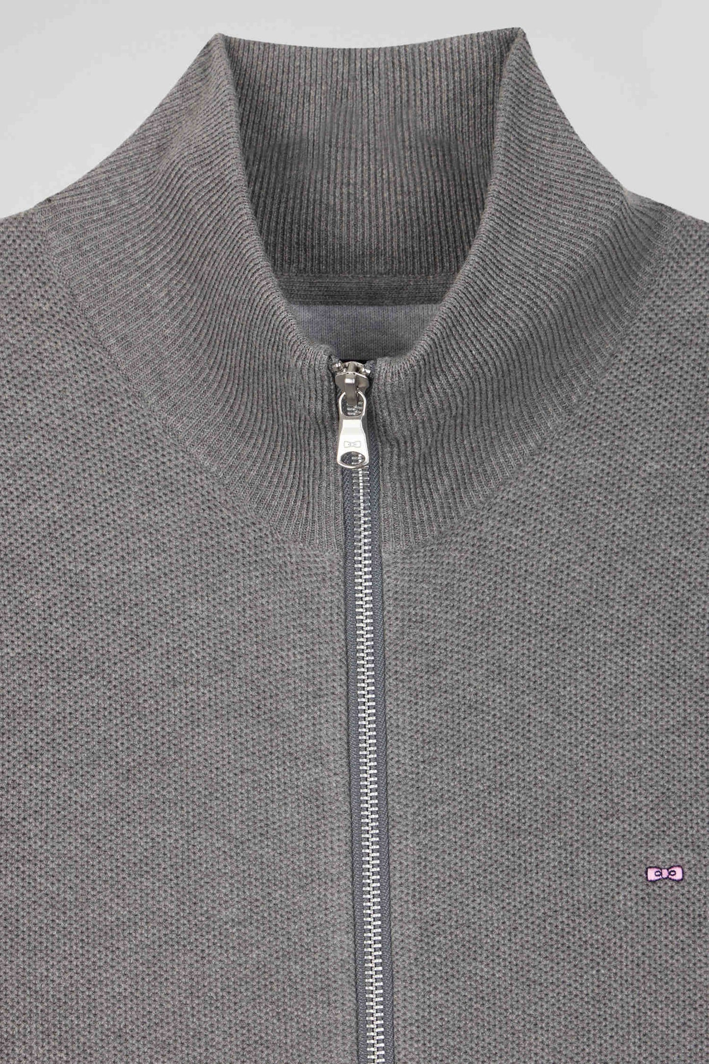 Regular plain mottled grey cotton high collar zipped cardigan