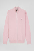 Regular plain pink cotton high collar zipped cardigan