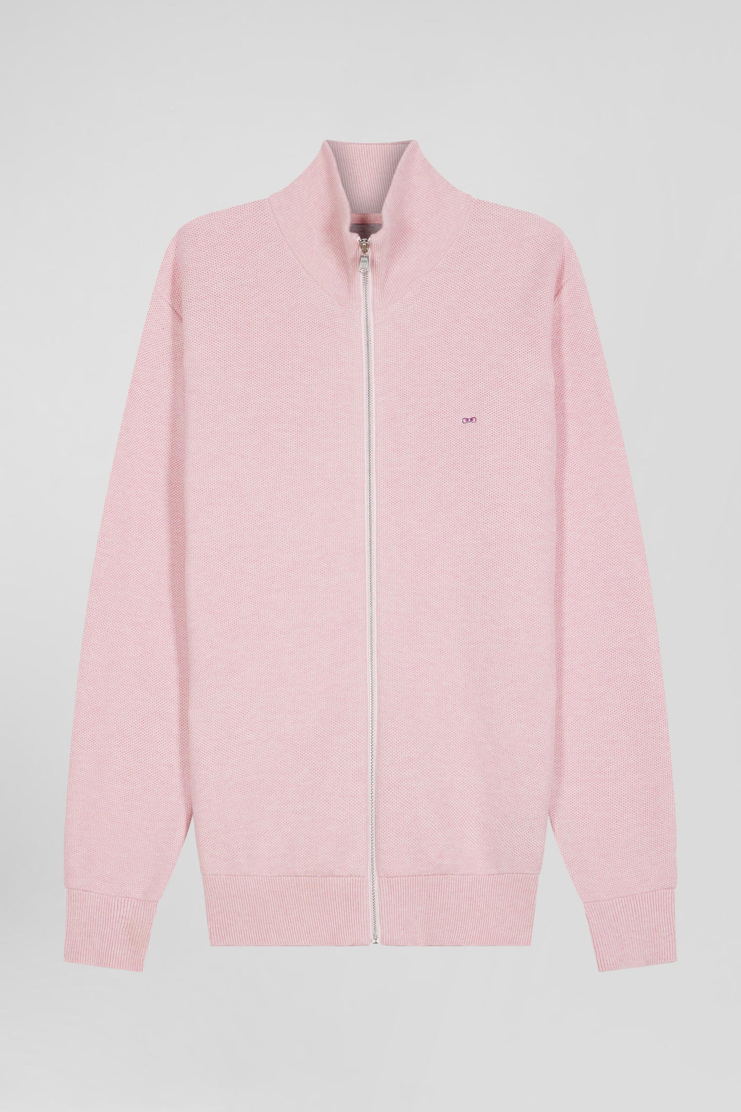 Regular plain pink cotton high collar zipped cardigan