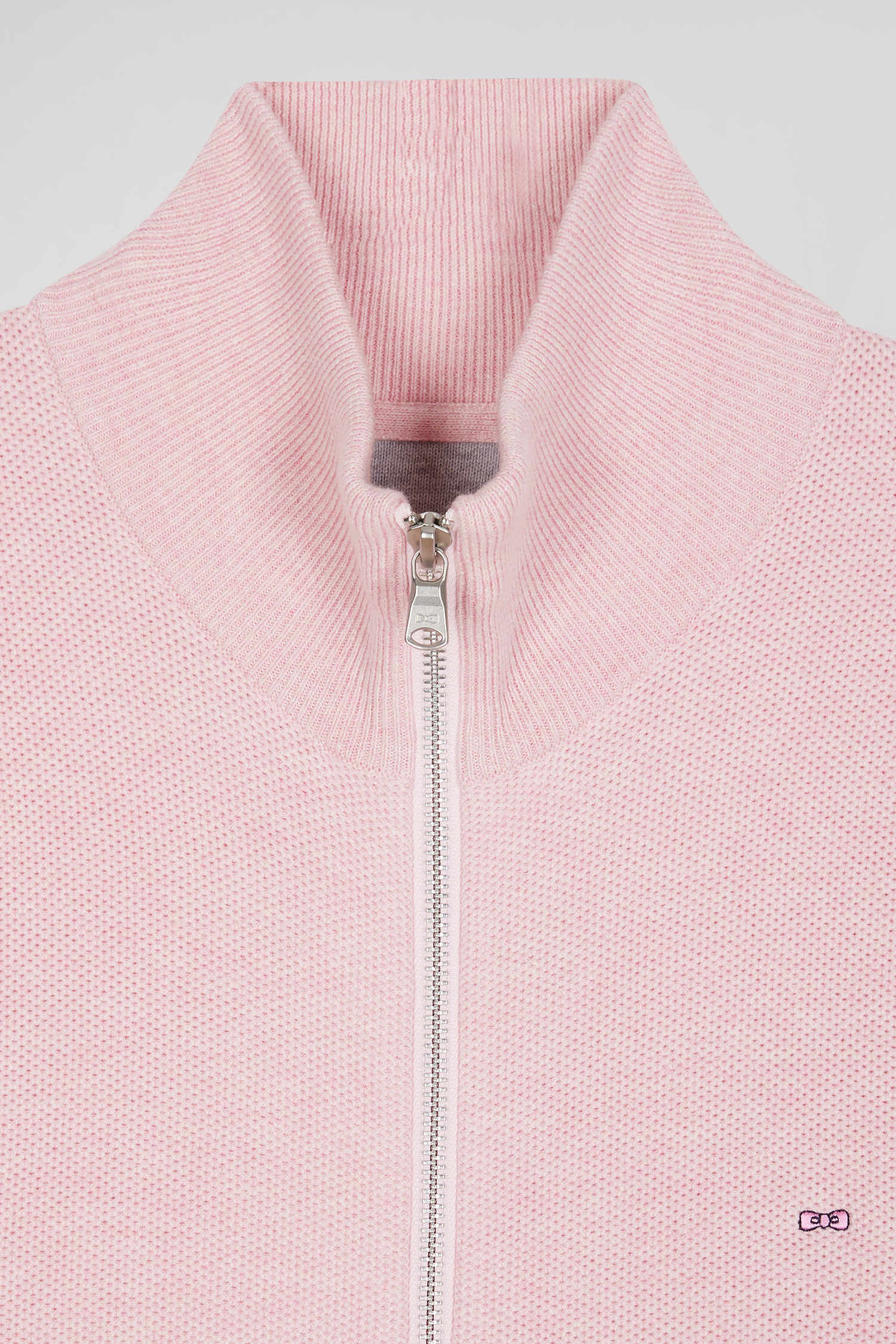 Regular plain pink cotton high collar zipped cardigan