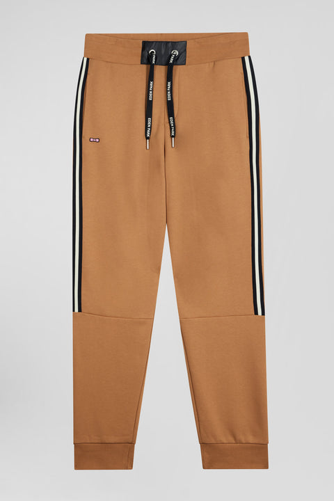 Regular camel mixed cotton jogging bottoms with striped trim - Image 2