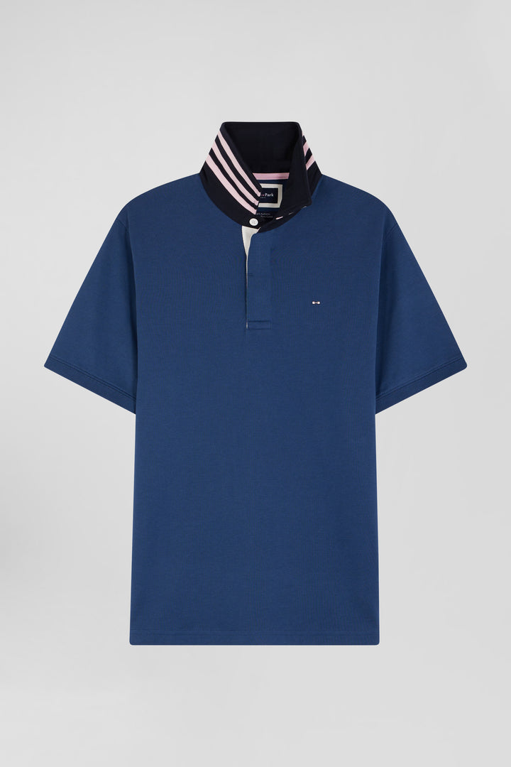 Regular dark blue cotton rugby shirt with contrasted collar