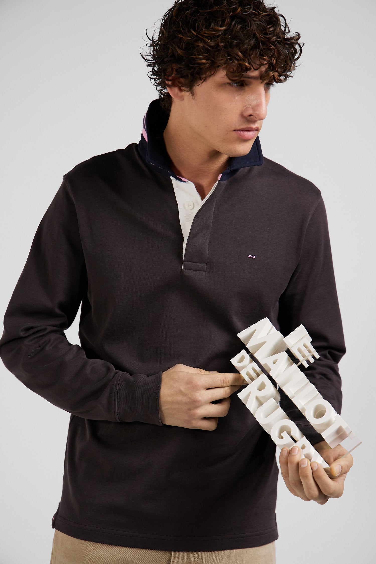 Regular brown long-sleeved Pima cotton rugby shirt