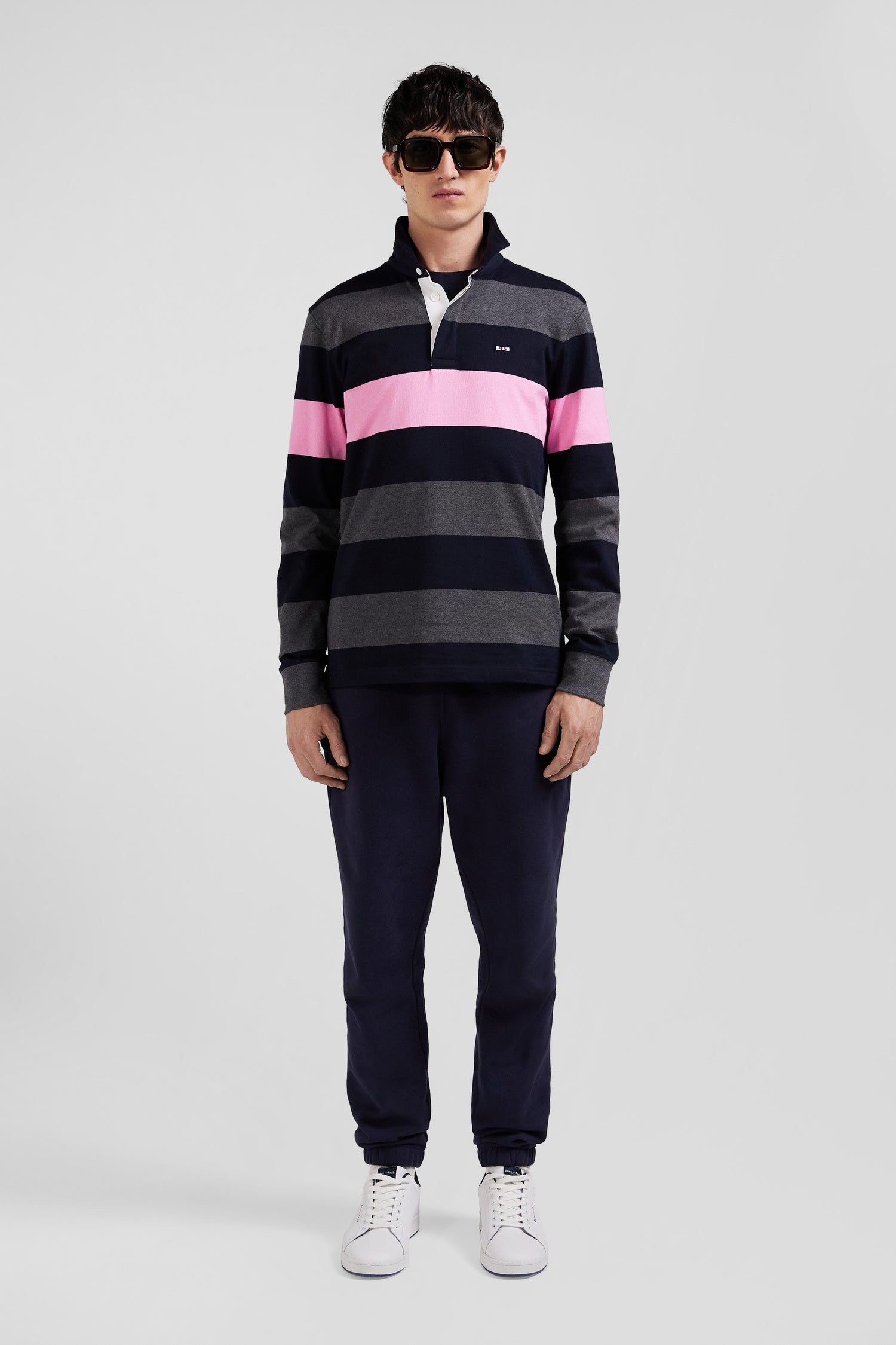 Regular grey long-sleeved striped cotton rugby shirt