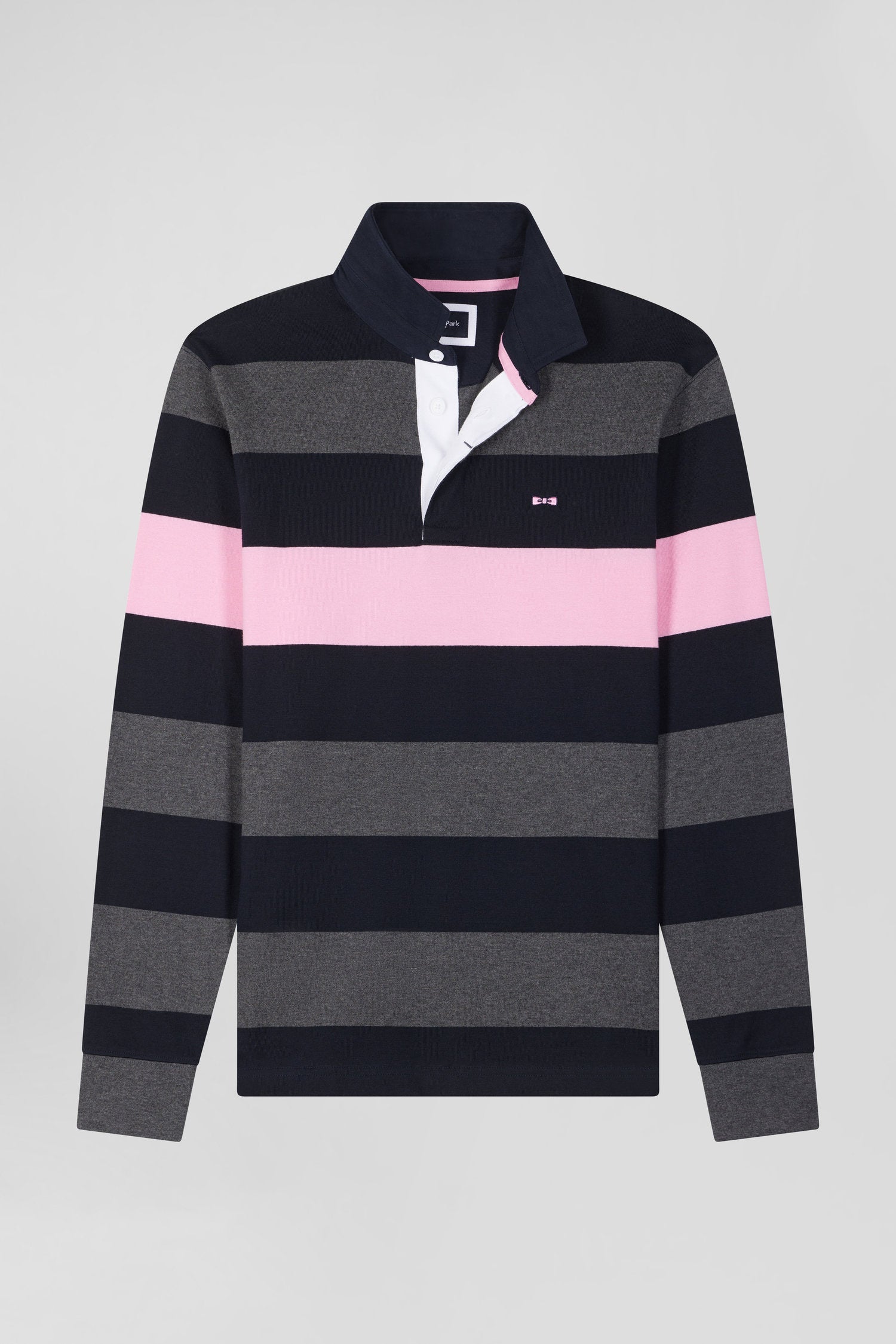 Regular grey long-sleeved striped cotton rugby shirt