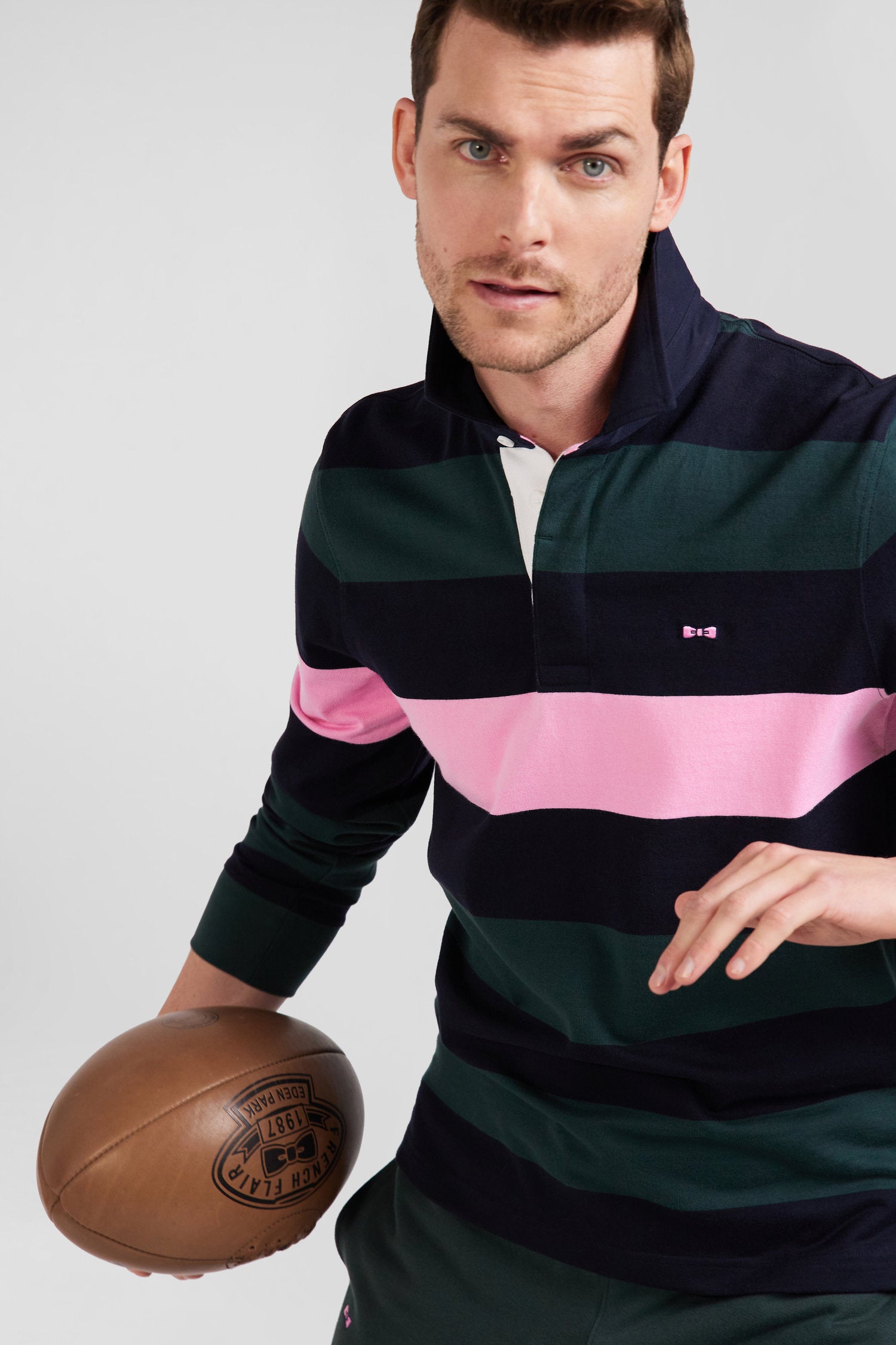 Regular green long-sleeved striped cotton rugby shirt