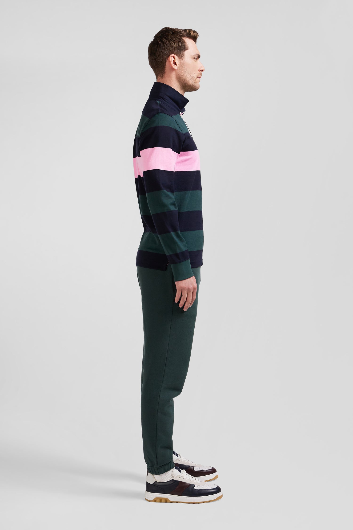 Regular green long-sleeved striped cotton rugby shirt