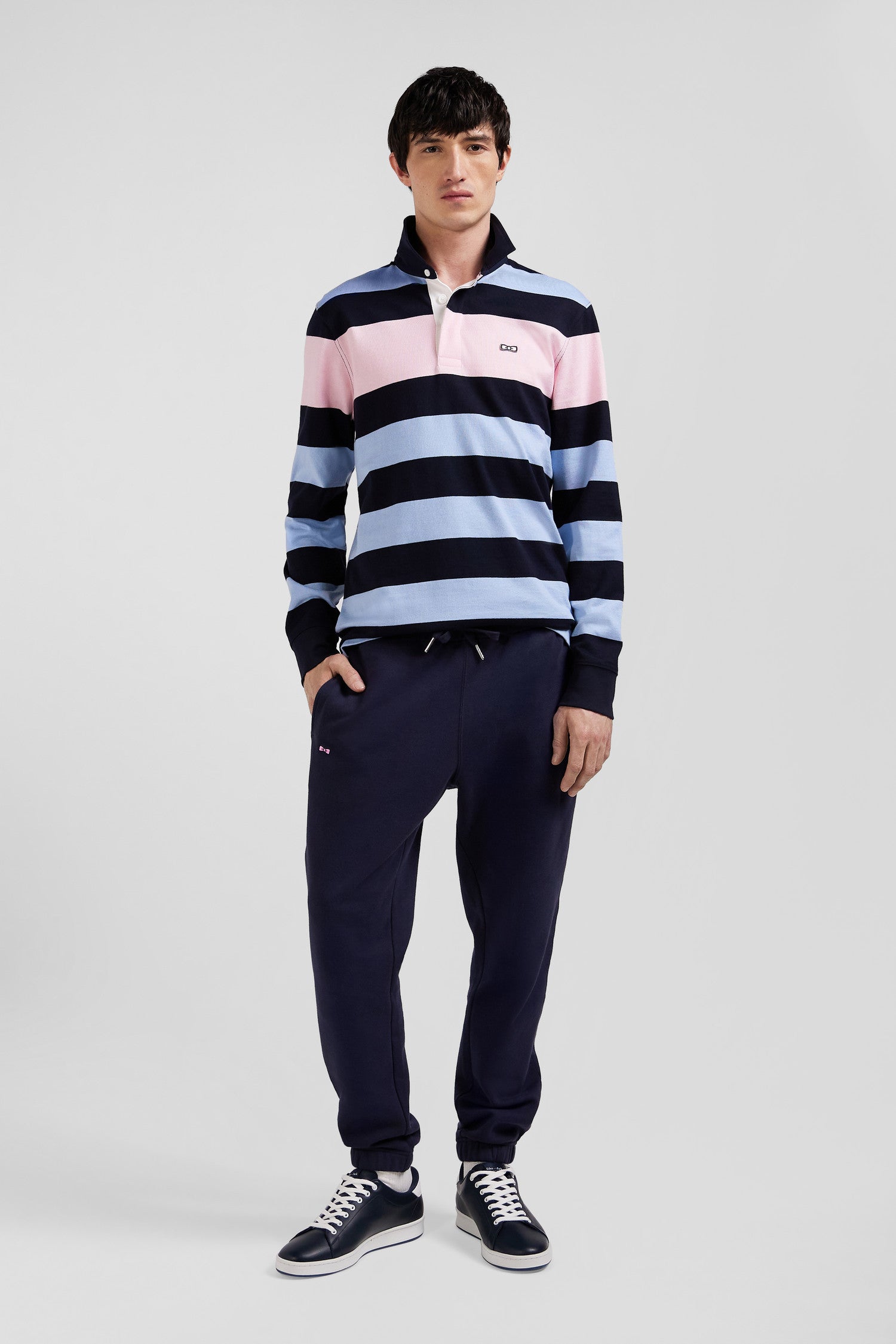 Regular sky blue long-sleeved striped cotton rugby shirt