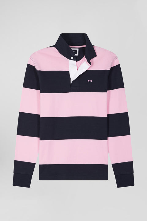 Regular navy blue and pink striped cotton rugby shirt with long sleeves - Image 2