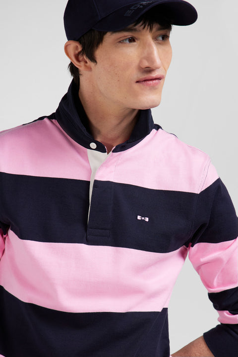 Regular navy blue and pink striped cotton rugby shirt with long sleeves - Image 3