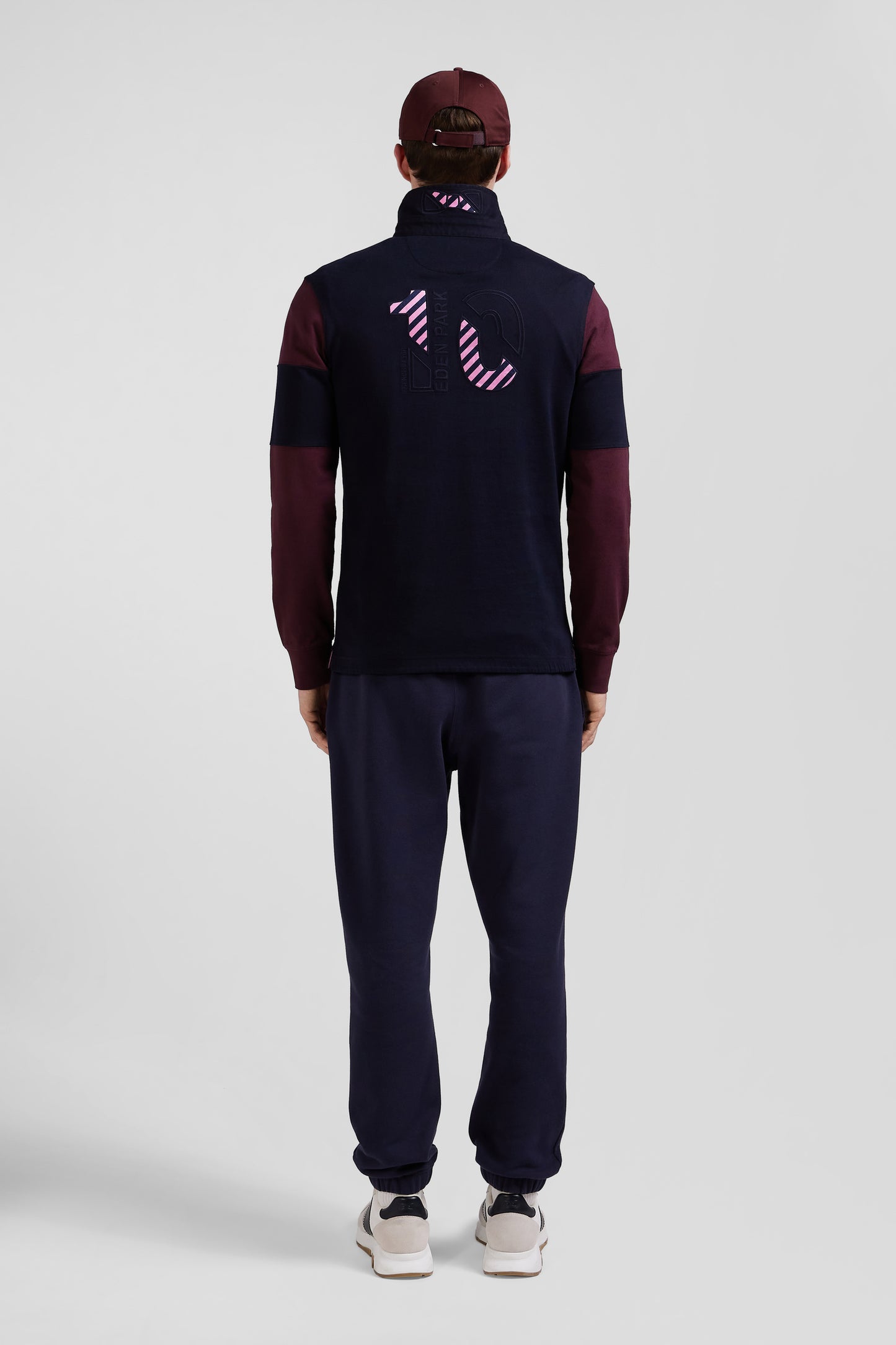 Regular grey long-sleeved colourblock cotton rugby shirt with back embroidery