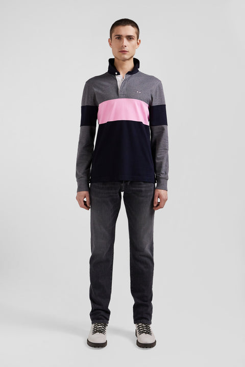 Regular green long-sleeved colourblock cotton rugby shirt with back embroidery - Image 1