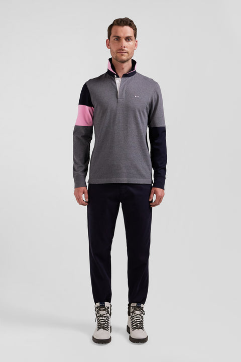 Regular grey long-sleeved cotton rugby shirt with tie fabric patchwork - Image 1