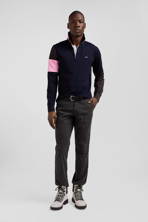 Regular brown long-sleeved cotton rugby shirt with tie fabric patchwork - Image 1